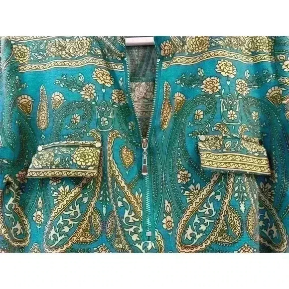 Ninedaily 1/4 Zipper Paisley Blouse 3/4 Sleeves Embellished Sleeves Faux Pockets - Picture 4 of 7